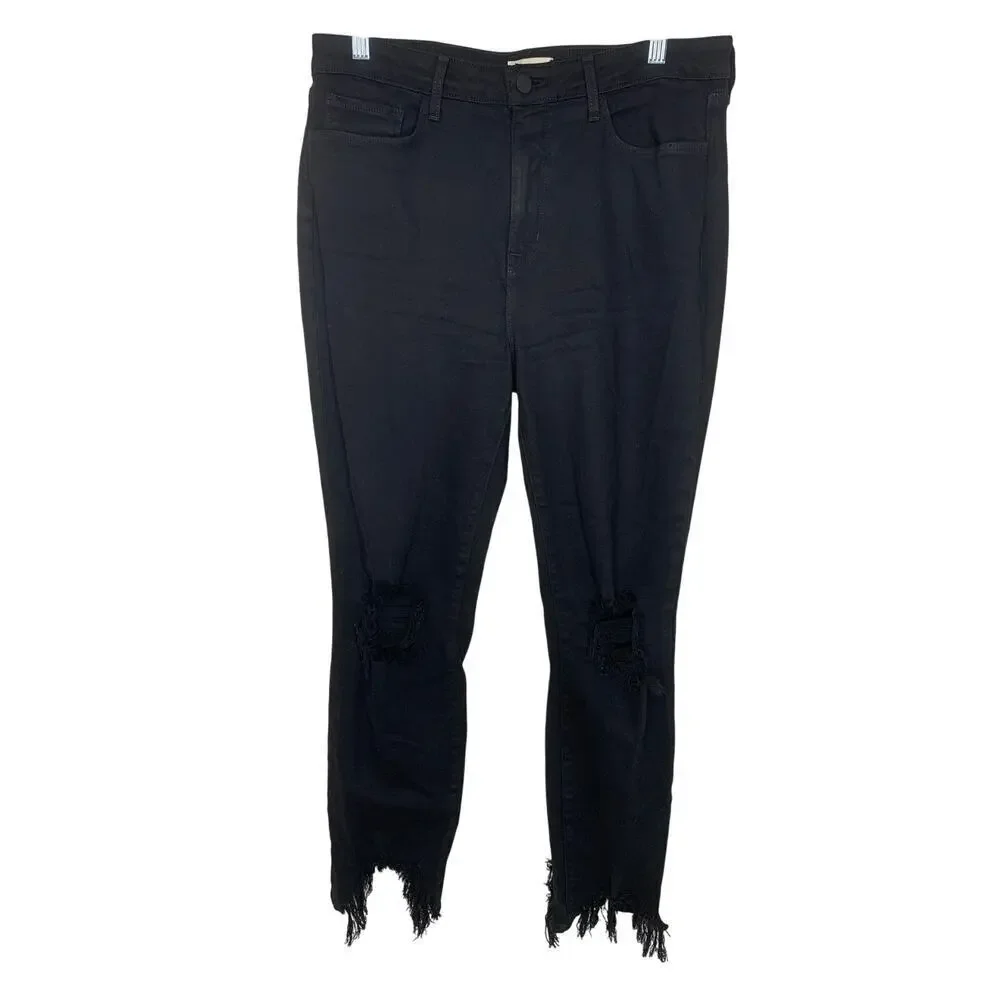 L'AGENCE High Line Skinny Crop Black Distressed Knee Jeans - Picture 4 of 6